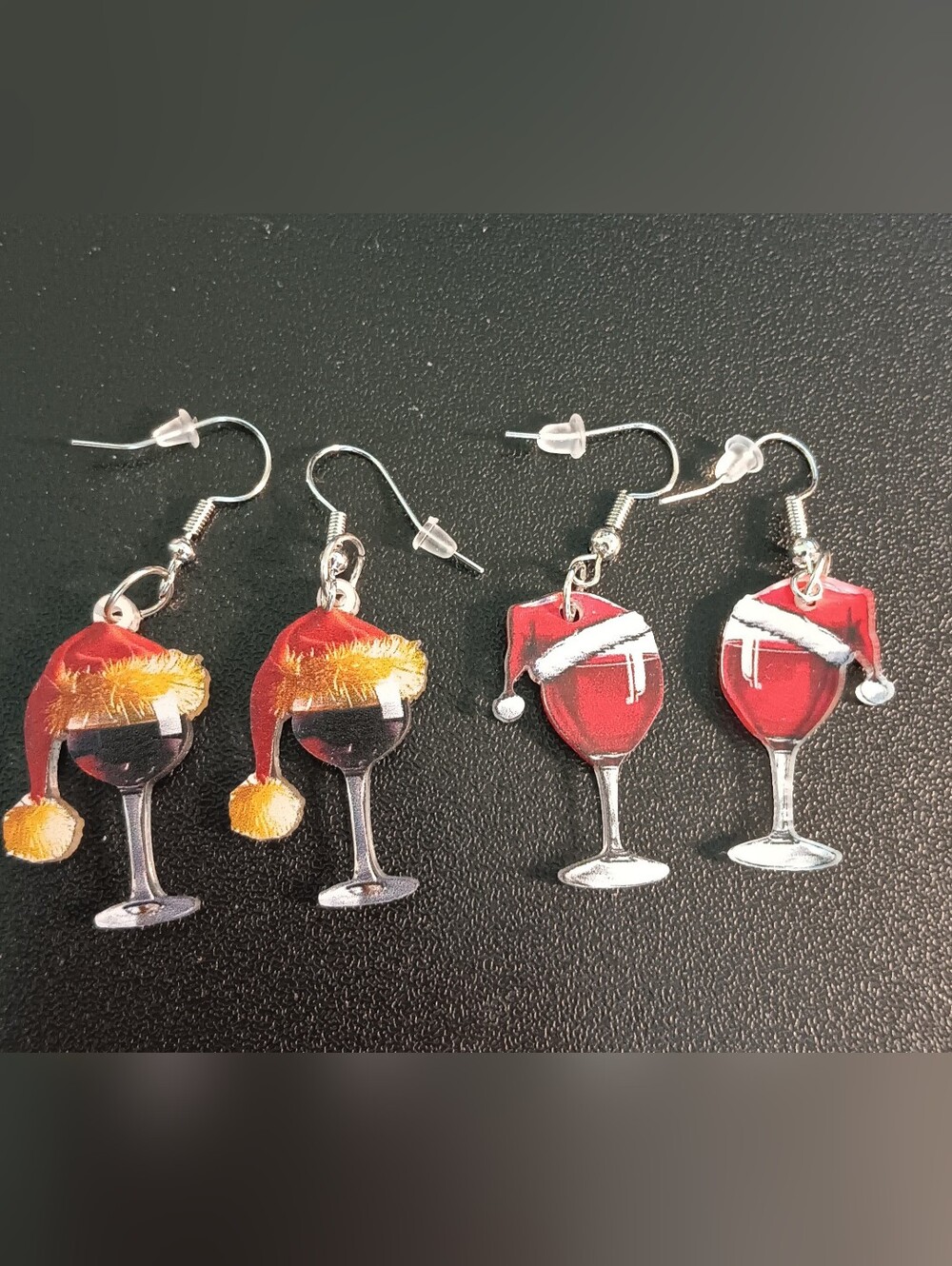 2 Festive Wine Glass Santa Hat Earrings (New)